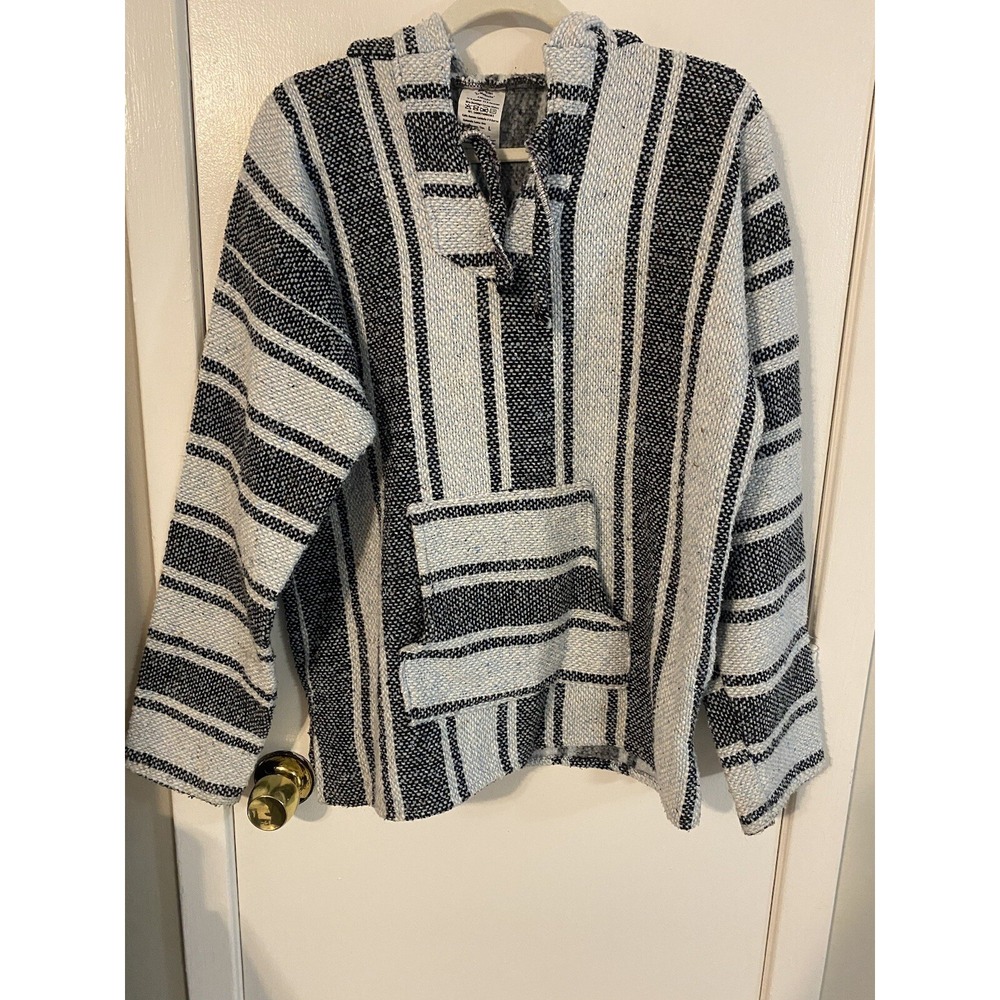 Artesanias Vintage Baja Hooded Pullover Drug Rug Womens Black White Striped Sz L